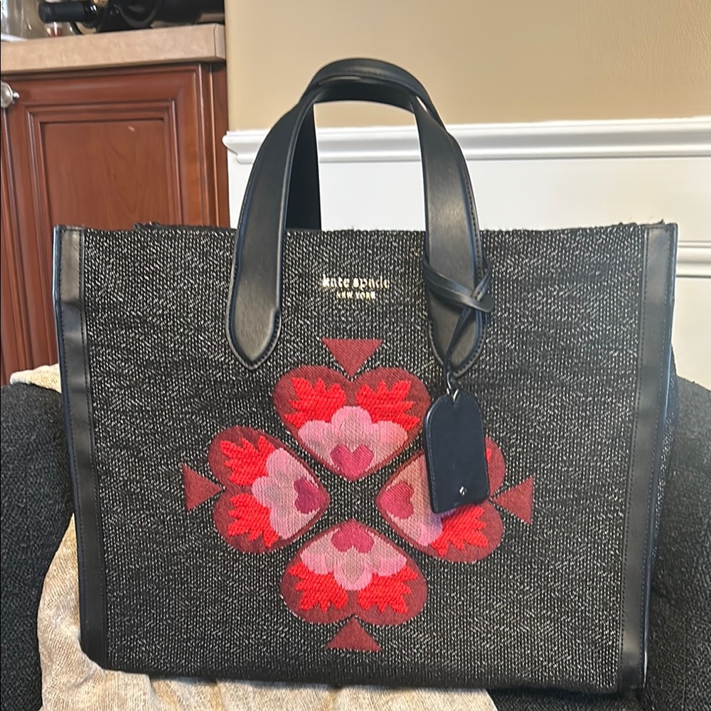 kate spade Black Tote with Floral Design and Leather Handles